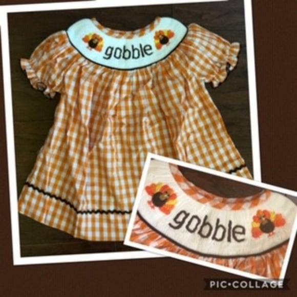 Orange Gingham Smocked "Gobble" Turkey Dress - Picture 2 of 2